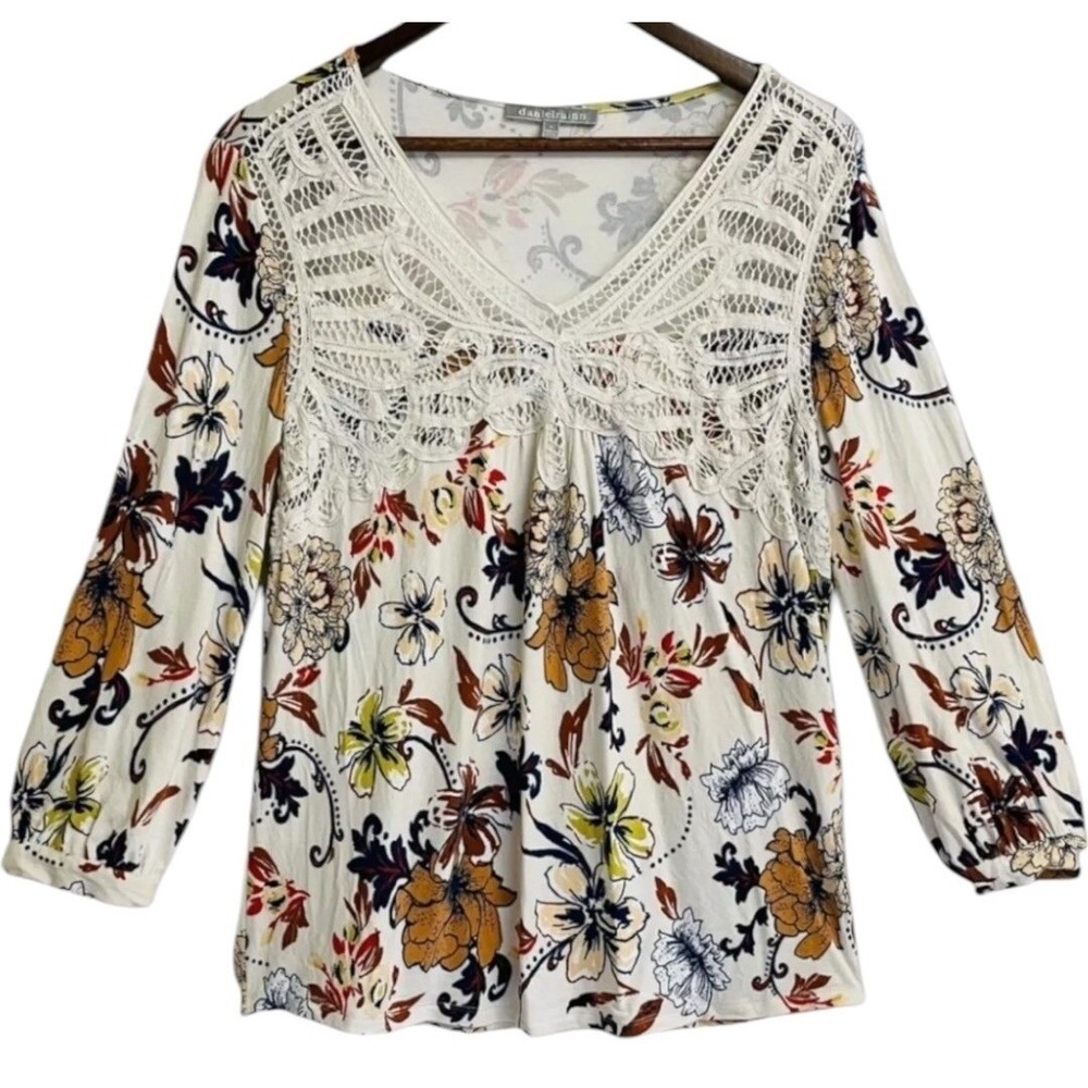 Daniel Rainn Floral Crochet Lace V-Neck Blouse Womens Size Medium White Multi